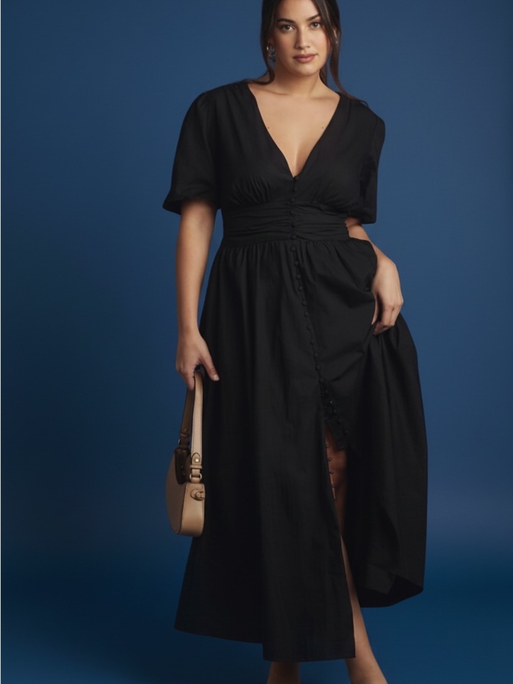 Anthropologie Black V-Neck Button-Front Maxi Dress